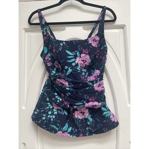 Lands' End Women's‎ Size 10 Navy Blue Floral Bandeau Tankini Top
